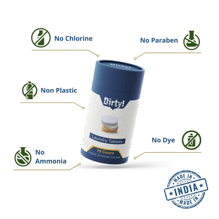 No-Bleach, no-Chlorine and paraben, Non Plastic, No Ammonia in this Laundry detergent tablets from dirtyl which has eco-friendly products