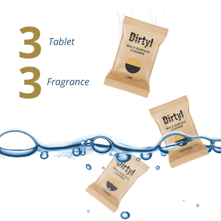 3 Multi-surface cleaner tablets dropped in water showing 3 tablets with 3 different fragrances