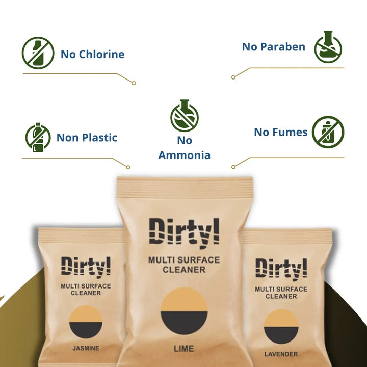No-Bleach, no-Chlorine and paraben, Non Plastic, No Ammonia in this floor cleaner from dirtyl which has eco-friendly products