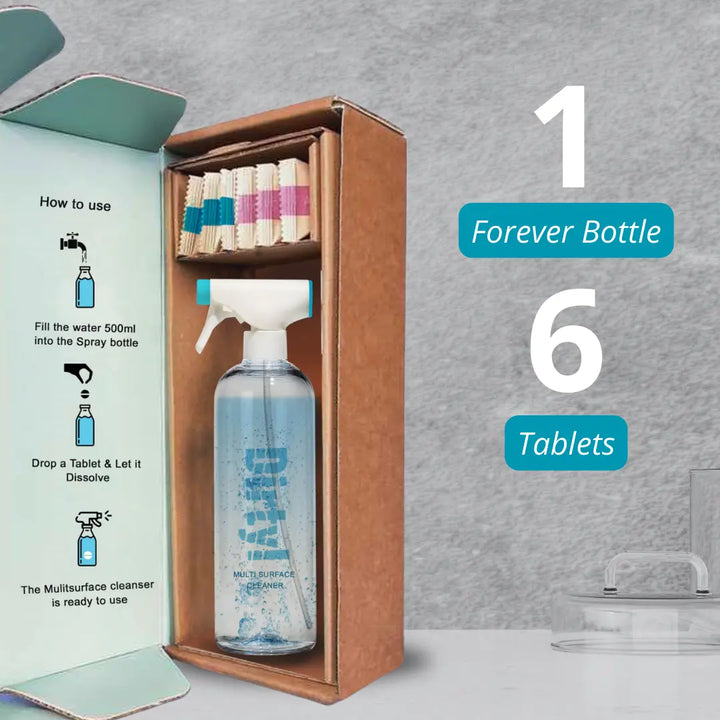 Multi surface cleaner kit with 1 forever bottle and 6 tablets with the description of the product