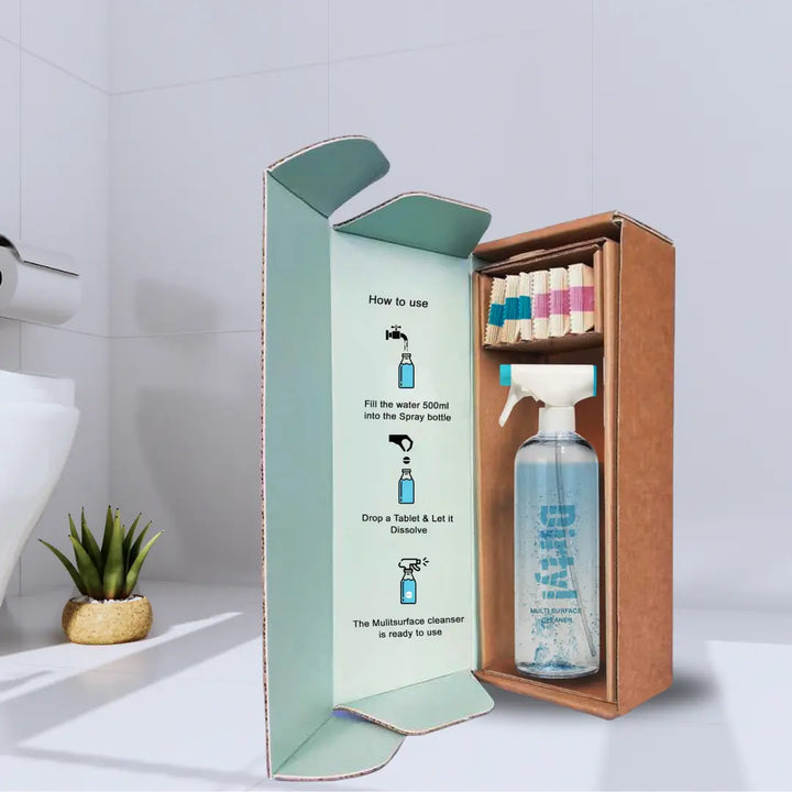 Multi Surface cleaner kit place in a bathroom slab